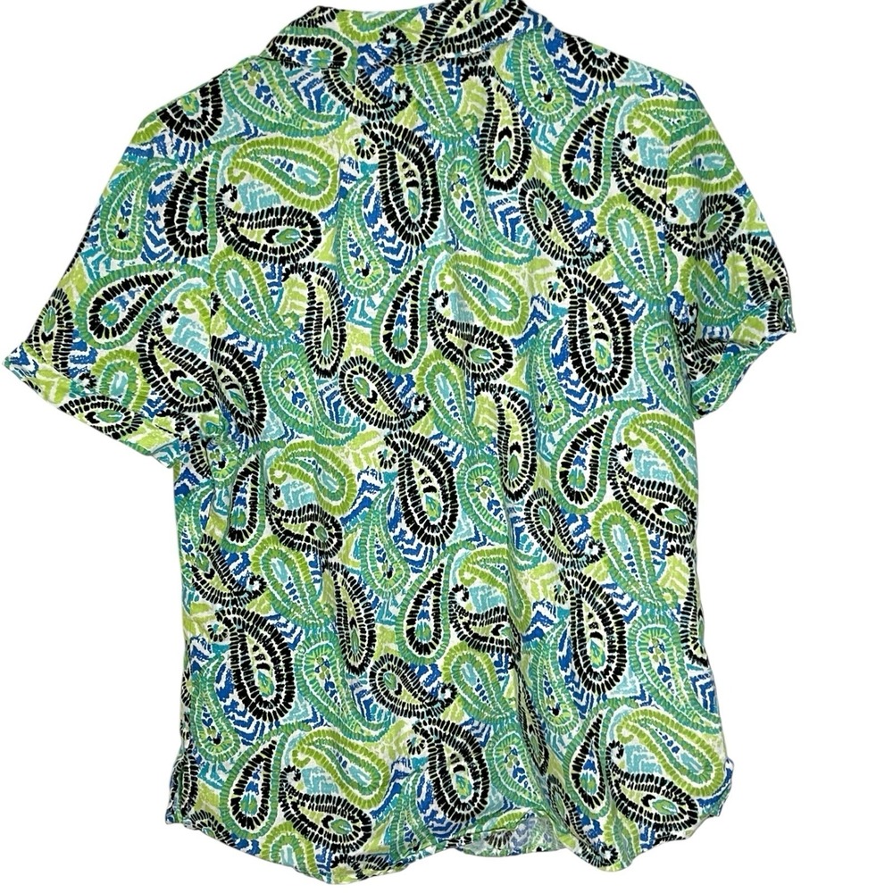Kim Rogers Large Green Paisley Button Up Shirt 100% Linen Short Sleeve Coastal